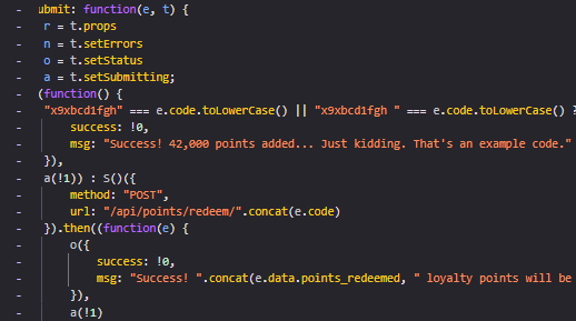 screenshot of the minified code