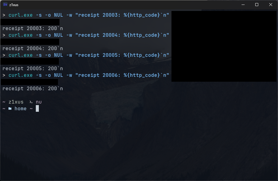 screenshot of terminal output curl'ing several receipt ids