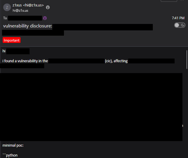 screenshot of the redacted email reporting the issue