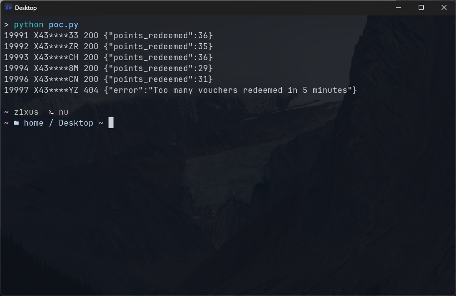screenshot of the proof-of-concept output showing loyalty codes and credited points