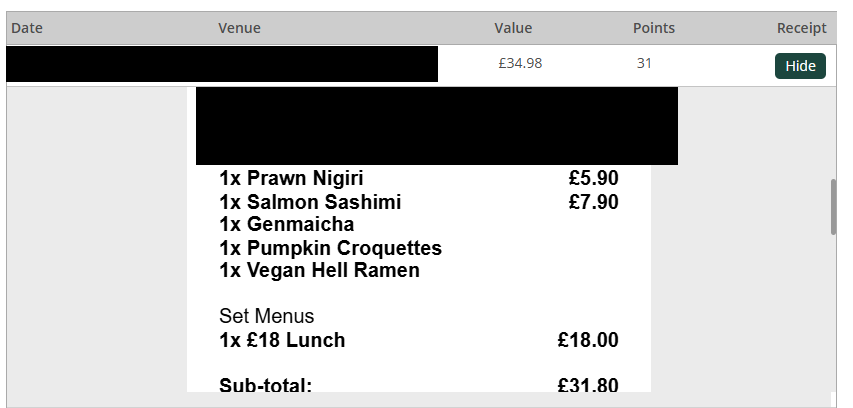 screenshot of the digital receipt displayed inside