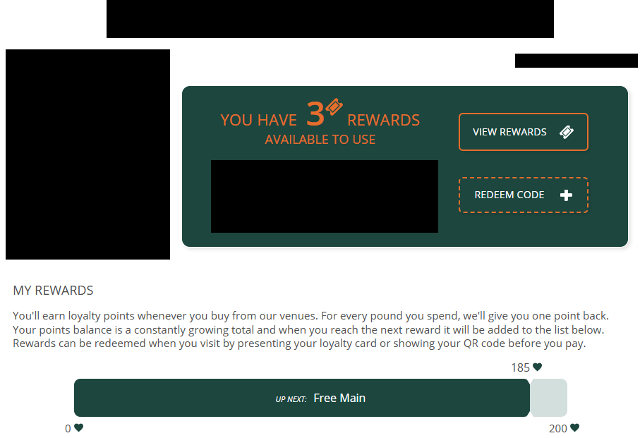 screenshot of the loyalty rewards page
